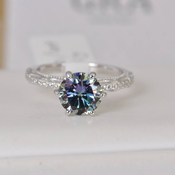GRA Certified 2.0 ct Rainbow Blue Moissanite Brilliant Cut Ring 925 - Picture 1 of 6